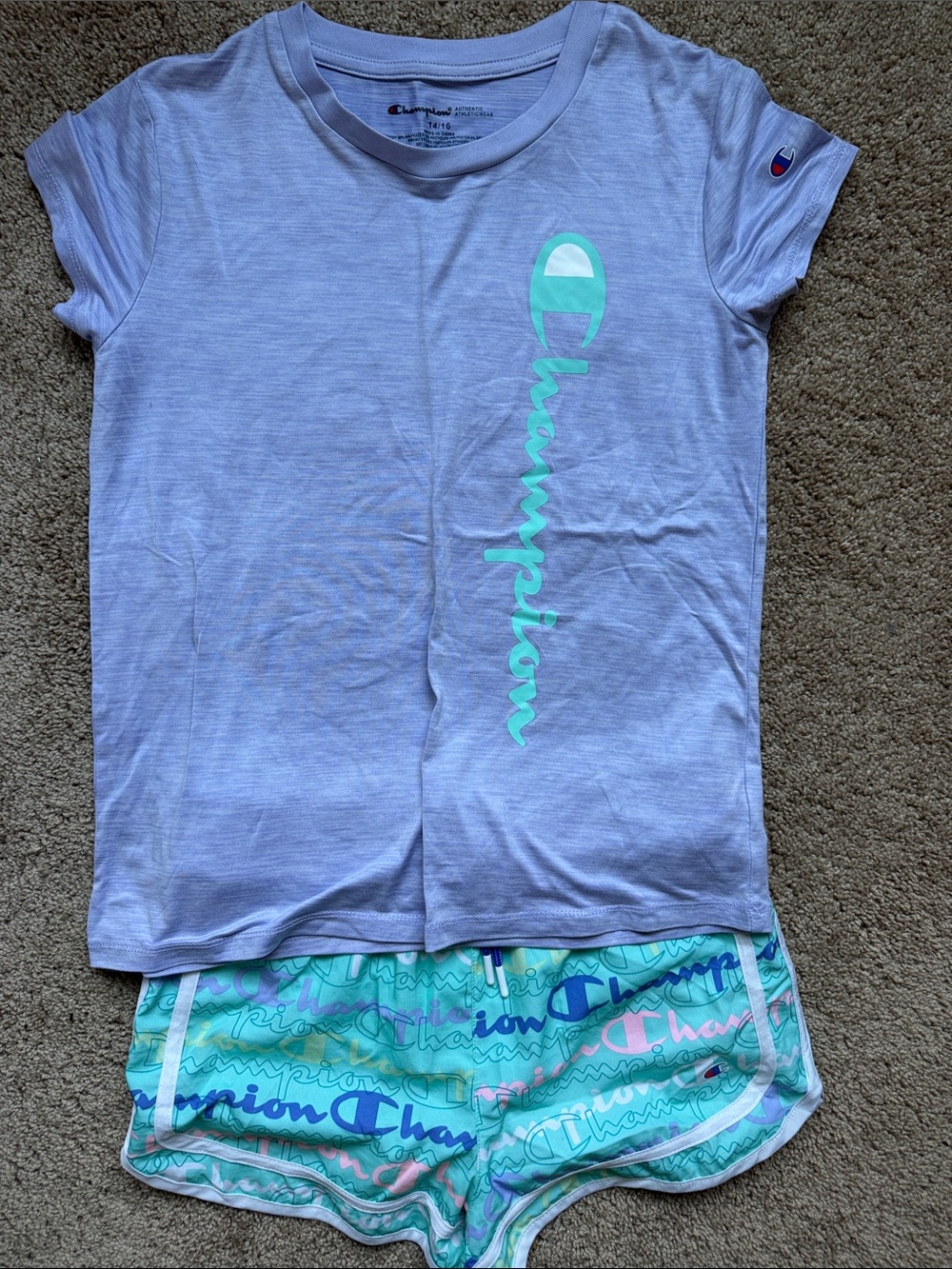 Champion Girls Lavender Tee with Aqua & Mint Logo and Patterned Aqua Shorts